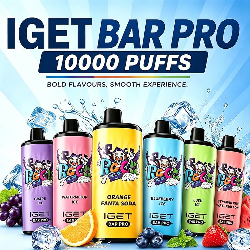 IGET Bar Pro 10000 Puffs full flavours official poster, multiple color variants real display with ice and fresh fruits, Australia disposable vape genuine product shot