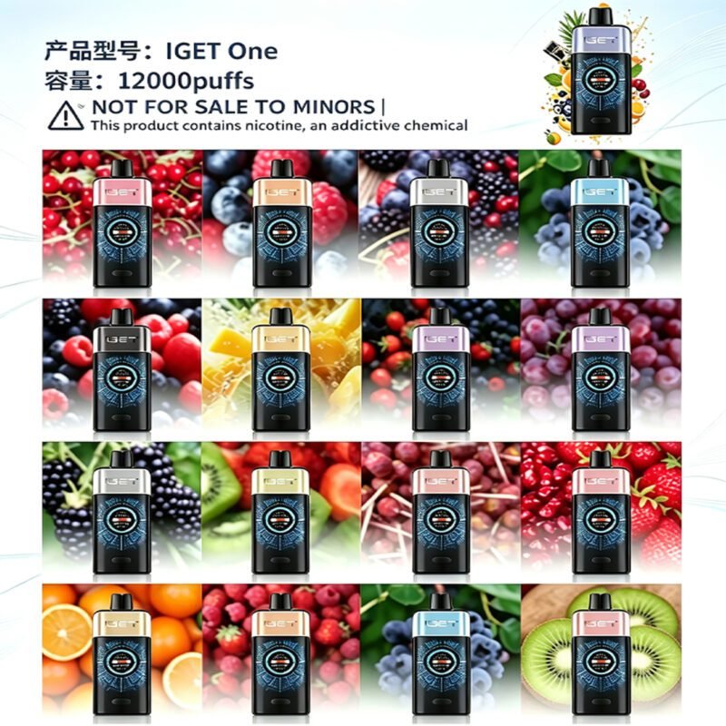 IGET One 12000 Puffs disposable vape full color and fruit flavor lineup, bulk 50 pack wholesale for Australian vape shops, rechargeable high puff device with smart display, adult use only, minors strictly prohibited