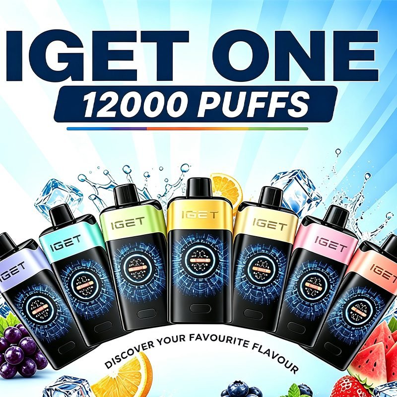 IGET One 12000 Puffs full colour lineup poster, curved smart screen disposable vape official render with fruit & ice decoration, Australian local stock vape product