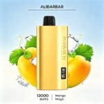 Alibarbar 12k puffs golden disposable vape Mango Magic icy flavour, digital power indicator screen, fresh tropical mango vapour, authentic vape products sold across Australia