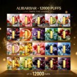 Gold Alibarbar 12000 puffs disposable vape full flavor lineup collage, 20 fruit flavors with fresh fruits and ice cubes on dark luxury black golden bokeh background, wholesale vape product banner