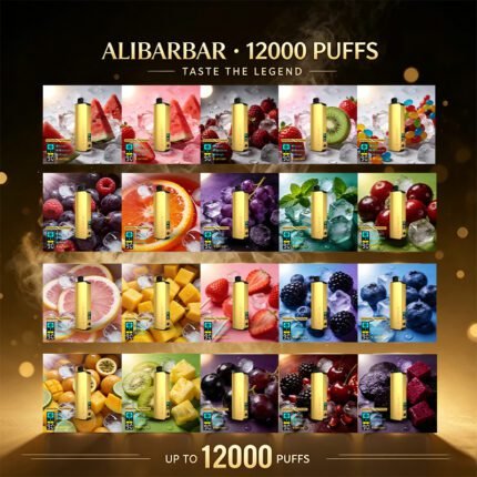 Gold Alibarbar 12000 puffs disposable vape full flavor lineup collage, 20 fruit flavors with fresh fruits and ice cubes on dark luxury black golden bokeh background, wholesale vape product banner