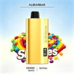 Gold Alibarbar 12000 puffs disposable vape with smart digital display panel, vibrant rainbow candy Skittles flavour, premium disposable vapes stocked for Australian adult vapers