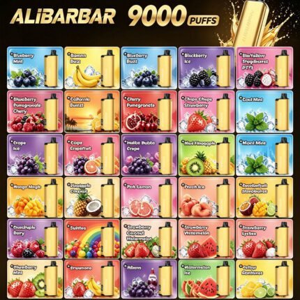 Complete flavor menu of Alibarbar 9000 puffs golden disposable vape, total 28 fruit flavours including watermelon ice, mango magic, grape ice, cool mint and berry series, bulk wholesale supply for Australian vape shops, adult only product, minors prohibited