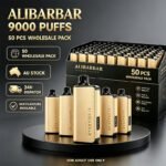Golden Alibarbar 9000 puffs disposable vape bulk wholesale carton box, 50 pieces wholesale pack, Australian local warehouse stock, 24 hours fast dispatch, multiple mixed flavors available, premium high-capacity disposable e-cigarette bulk supply for Australian vape retailers, adult use only
