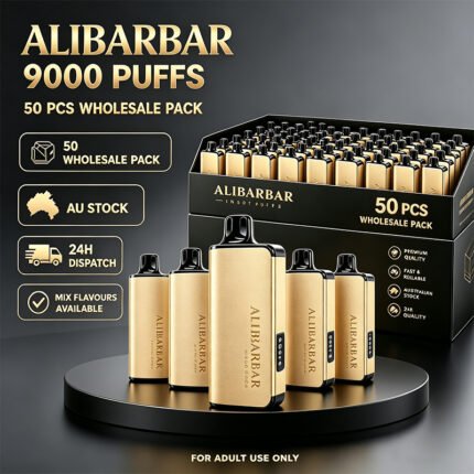 Golden Alibarbar 9000 puffs disposable vape bulk wholesale carton box, 50 pieces wholesale pack, Australian local warehouse stock, 24 hours fast dispatch, multiple mixed flavors available, premium high-capacity disposable e-cigarette bulk supply for Australian vape retailers, adult use only
