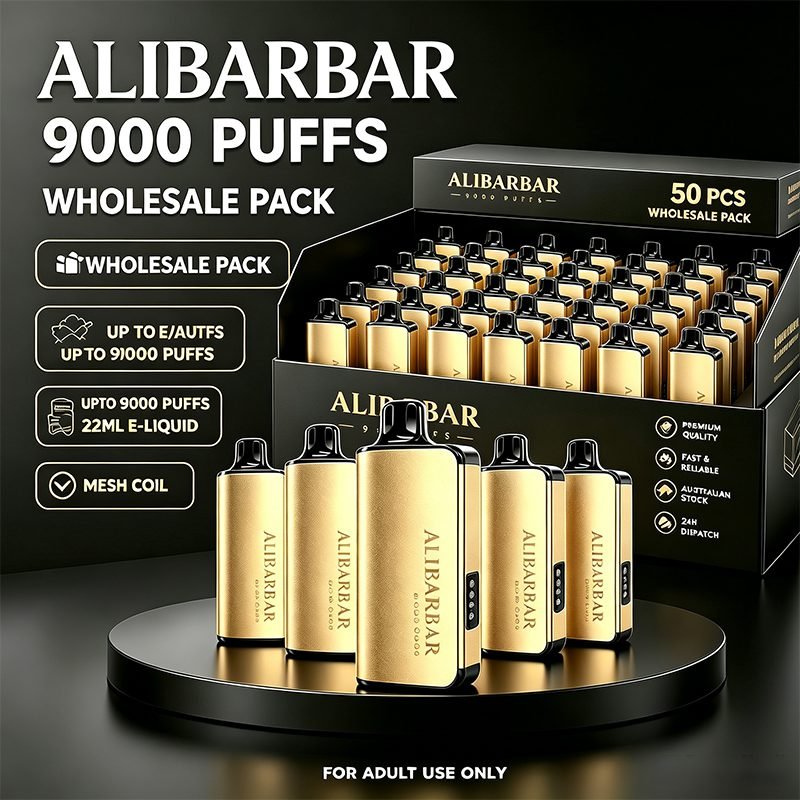 Alibarbar 9000 puffs disposable vape wholesale box featuring mesh coil structure and 22ml large capacity e-liquid, real 9000 puffs output, 50 pieces bulk wholesale pack, premium quality Australian stock fast shipping for wholesale distributors, for adult usage only