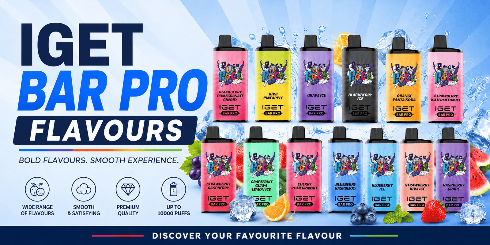 Full flavour lineup of IGET Bar Pro 10000 puffs disposable vape, rock graffiti design pods, assorted fruit ice flavours sold for Australian customers