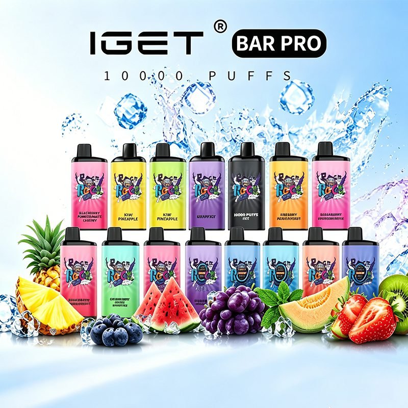 IGET Bar Pro 10000 Puffs Complete Fruit Flavour Official Promotional Poster Australia Wholesale IGET Bar Pro 10000 puffs disposable vape full-color fruit flavour lineup poster with fresh fruits and water splash & ice elements, 50 units bulk wholesale for Australian vape retailers, rechargeable high-puff vaping device, nicotine goods for adults only, minors are strictly prohibited within Australia