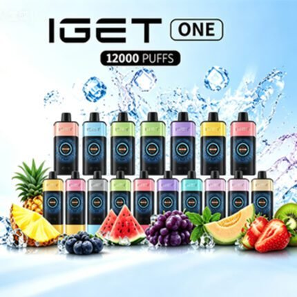 IGET ONE 12000 puffs disposable vape full flavor lineup poster with fresh tropical fruits and ice splash elements, rechargeable high puff disposable vape bulk 50 pack wholesale for Australian vape retailers, built-in smart digital display screen, adult-only nicotine product, minors prohibited in Australia