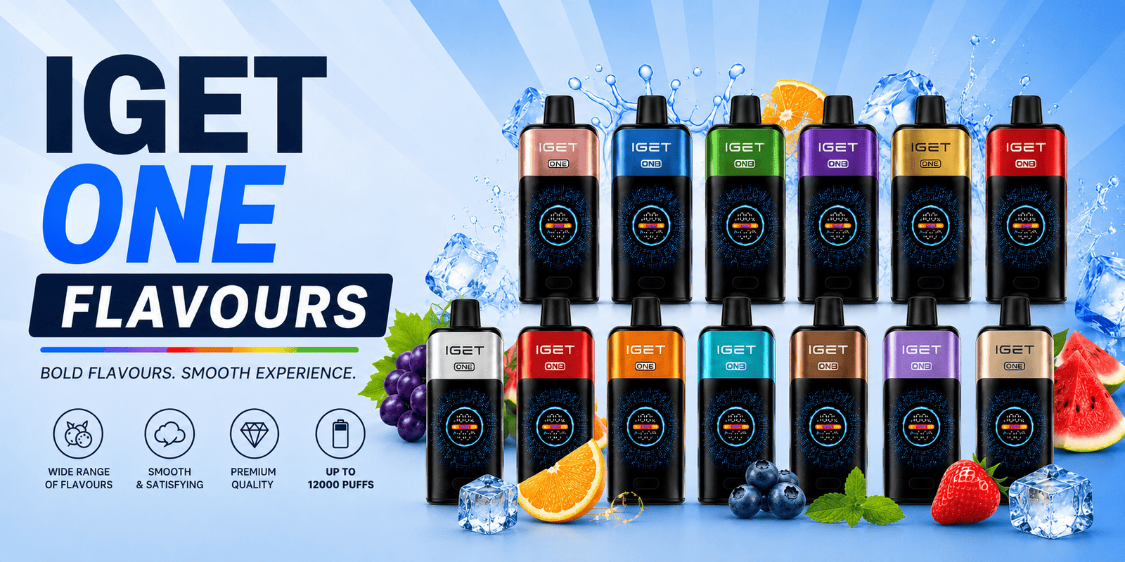 Slider banner for IGET ONE 12000 puffs disposable vape full color flavor range, bold fruit taste, smooth vaping experience, premium build quality, max 12000 puffs output, bulk 50 packs wholesale for Australian vape stores. Nicotine included, adult use only, minors strictly prohibited in Australia.