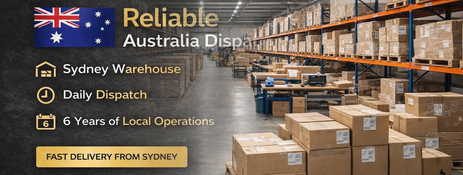 Australian local Sydney warehouse banner for IGET disposable vapes, daily order dispatch, 6 years local business operation, fast domestic shipping across Australia